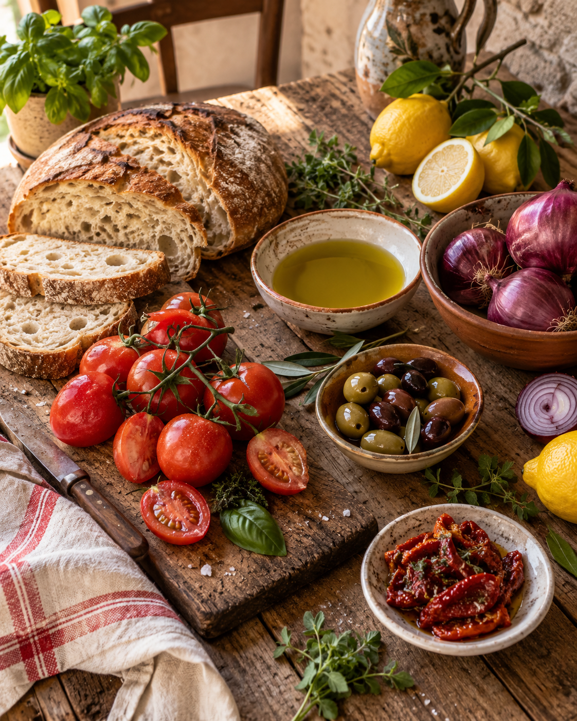 Tavola calabrese con pane, pomodori, cipolle rosse, olive, agrumi e olio